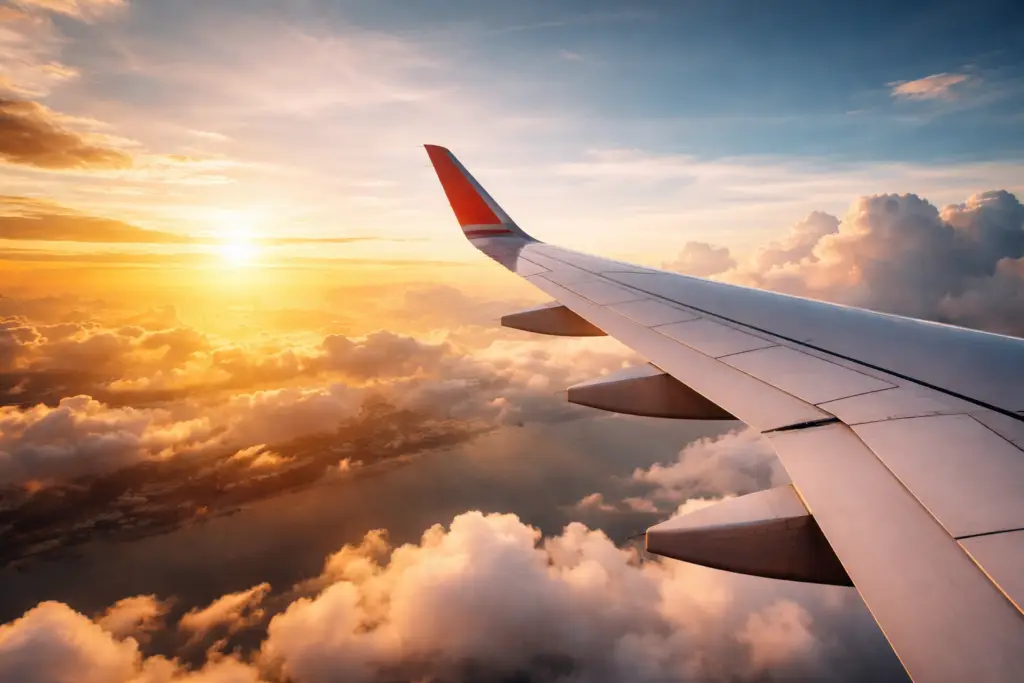 Airplane wing view above clouds at sunset showing cheap flights worldwide travel and booking concept