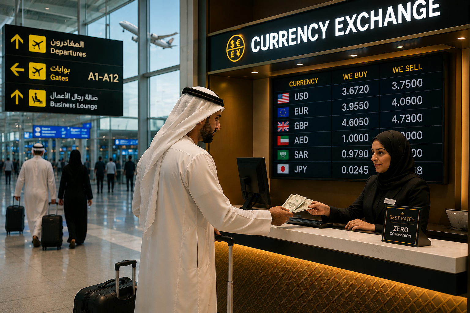 GCC traveler checking currency exchange rates and international travel costs at an airport terminal