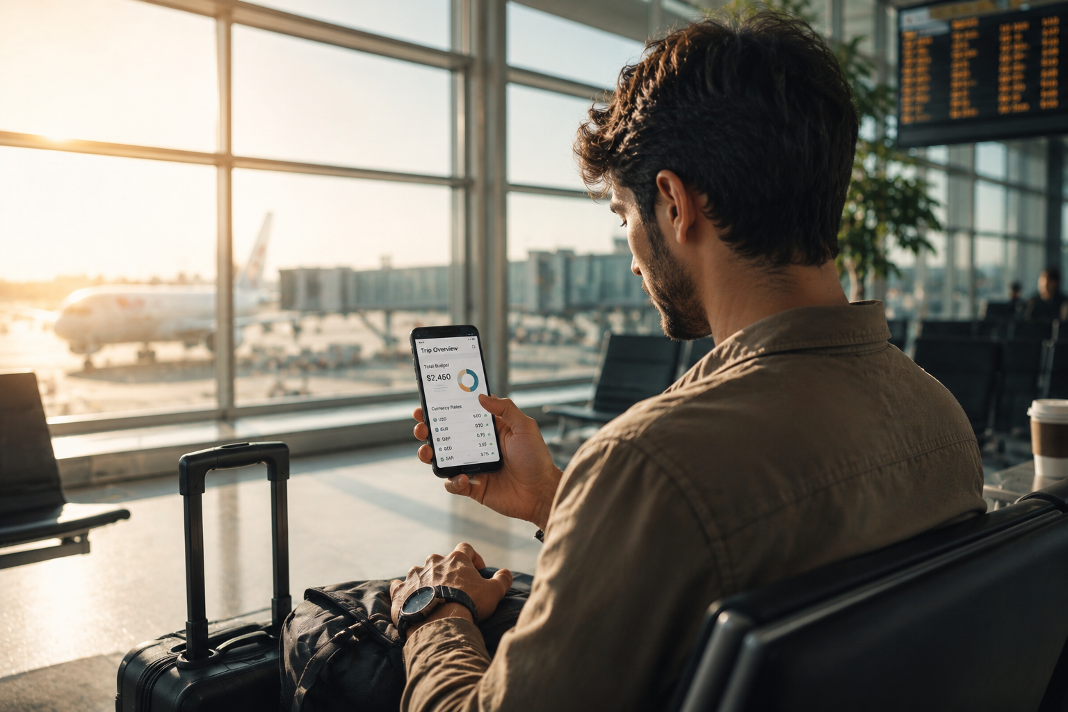 International traveler reviewing trip budget and live currency exchange rates on a smartphone at an airport departure gate