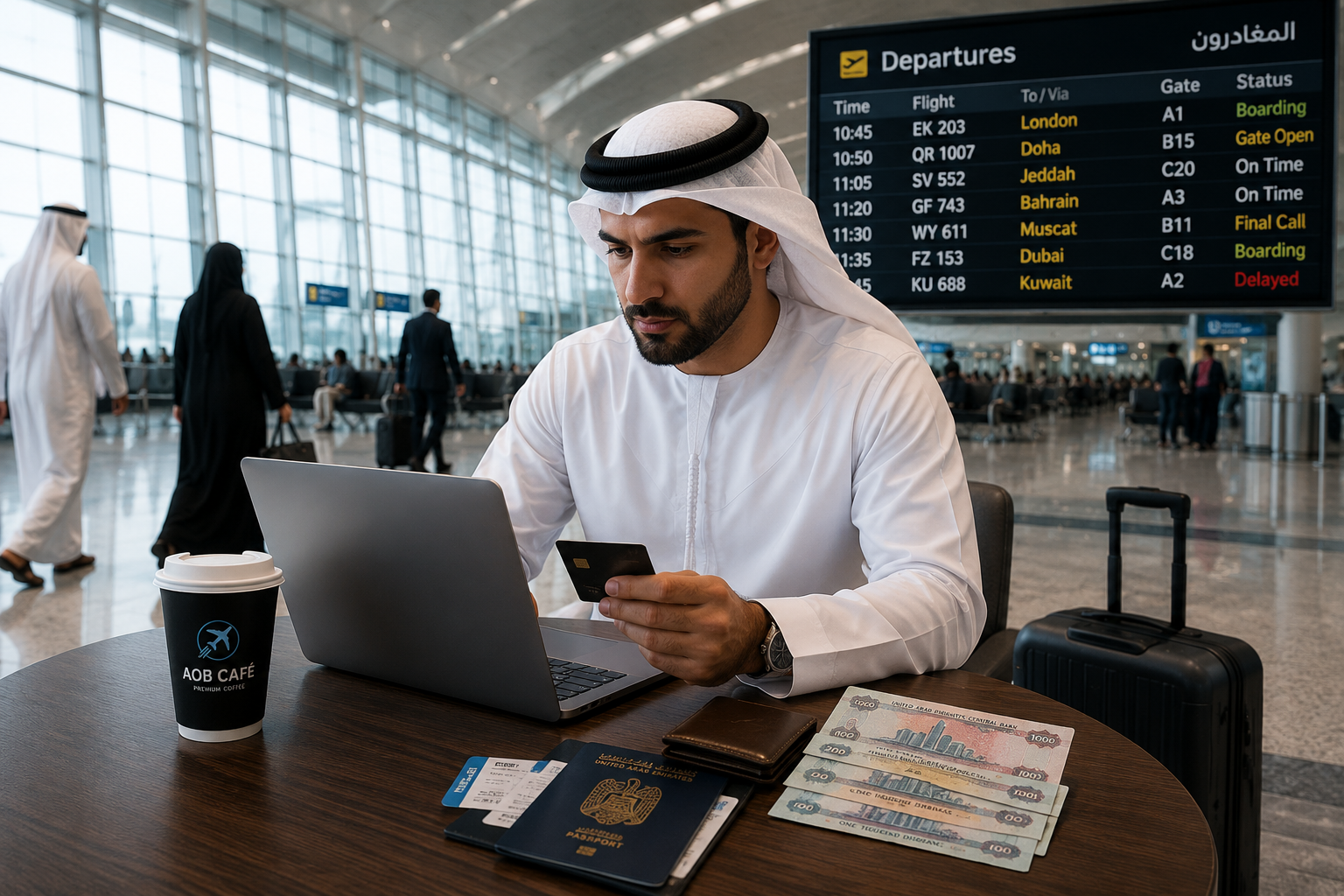 GCC traveler at an airport checking currency exchange rates before an international trip