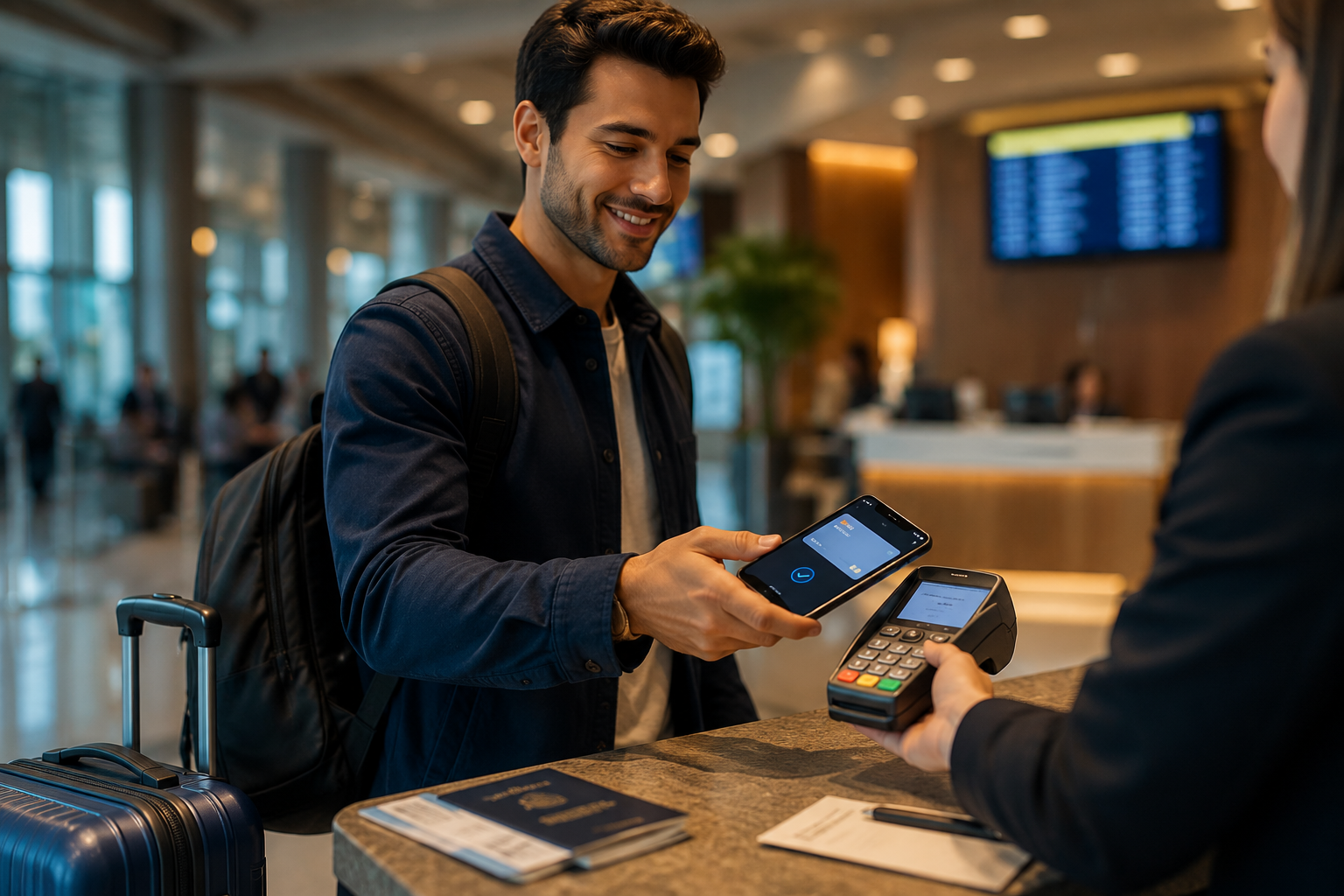 International traveler using a smartphone payment app at an airport counter with luggage and travel documents in a premium travel finance setting