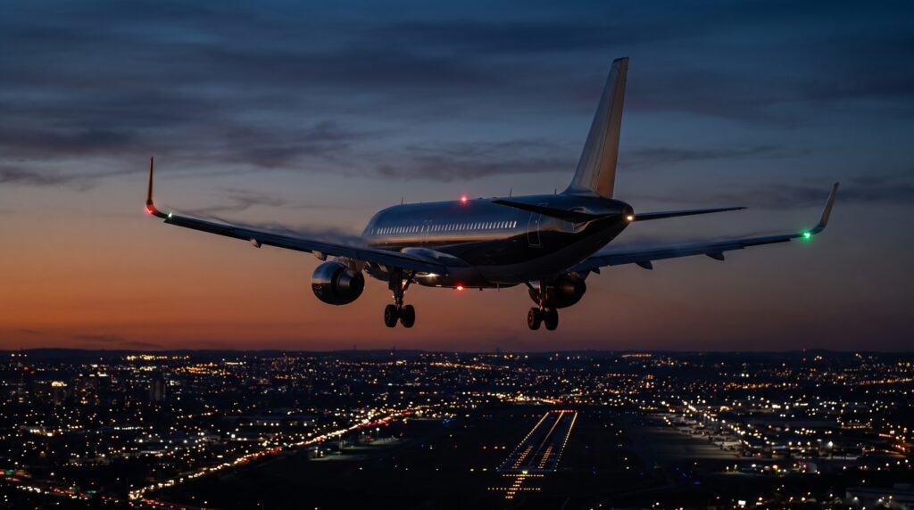 Air Arabia narrowbody aircraft on final approach at dusk, 2026
