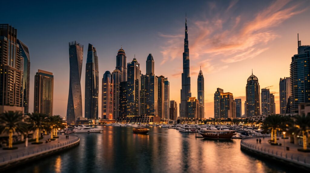 Dubai skyline at golden hour, illustrating the 2026 Dubai travel guide covering visa, budget, flights and hotels