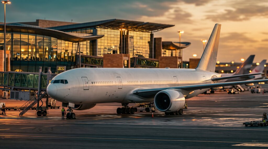 Etihad Airways wide-body aircraft parked at an airport gate at sunset, 2026
