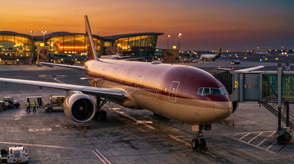Oman Air wide-body aircraft parked at an airport gate at dusk, 2026