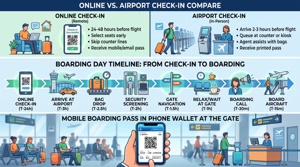 Online vs airport check-in comparison diagram