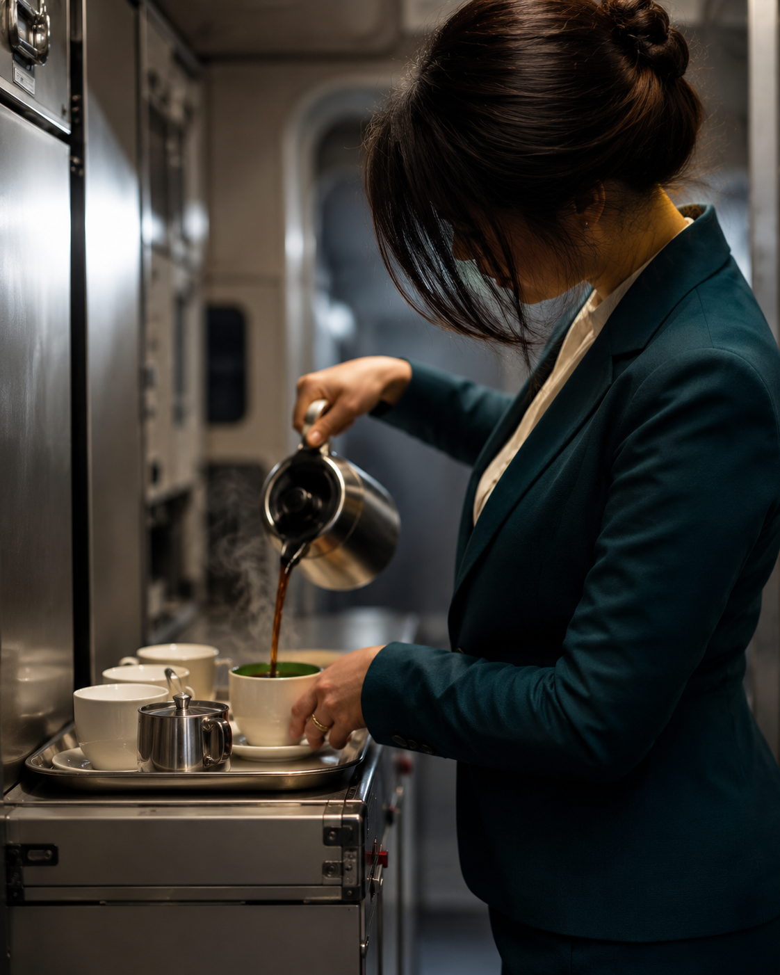 A cabin crew member gesturing toward flight information