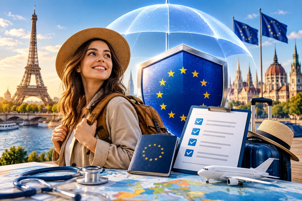 Schengen travel insurance with European Union protection shield, travel documents, and a tourist in Paris